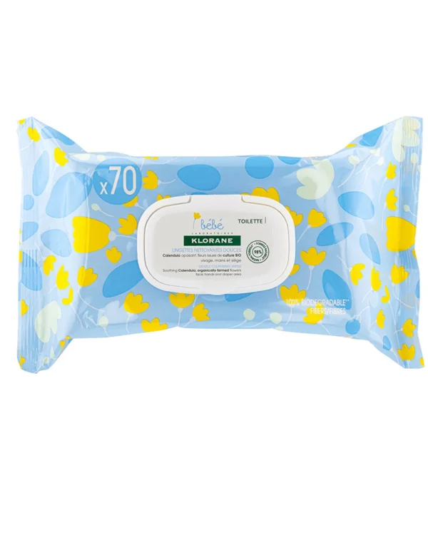 Klorane Bébé Lingettes nettoyantes douces pour le corps au Calendula apaisant - 70 Unités