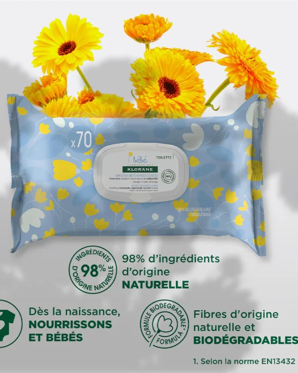 Klorane Bébé Lingettes nettoyantes douces pour le corps au Calendula apaisant - 70 Unités – Image 2