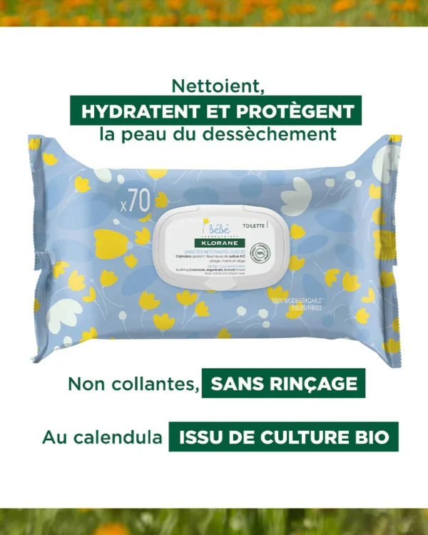 Klorane Bébé Lingettes nettoyantes douces pour le corps au Calendula apaisant - 70 Unités – Image 3